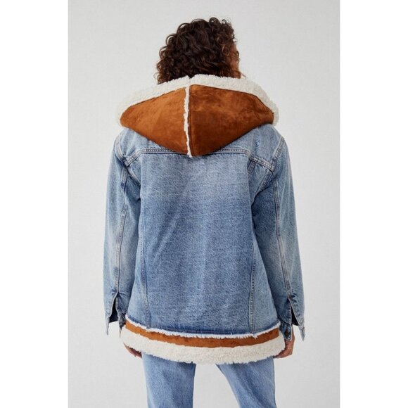 Free People Magnolia Denim Jacket Womens XS Sherpa Rustic Chore Coat Cozy - Picture 2 of 9